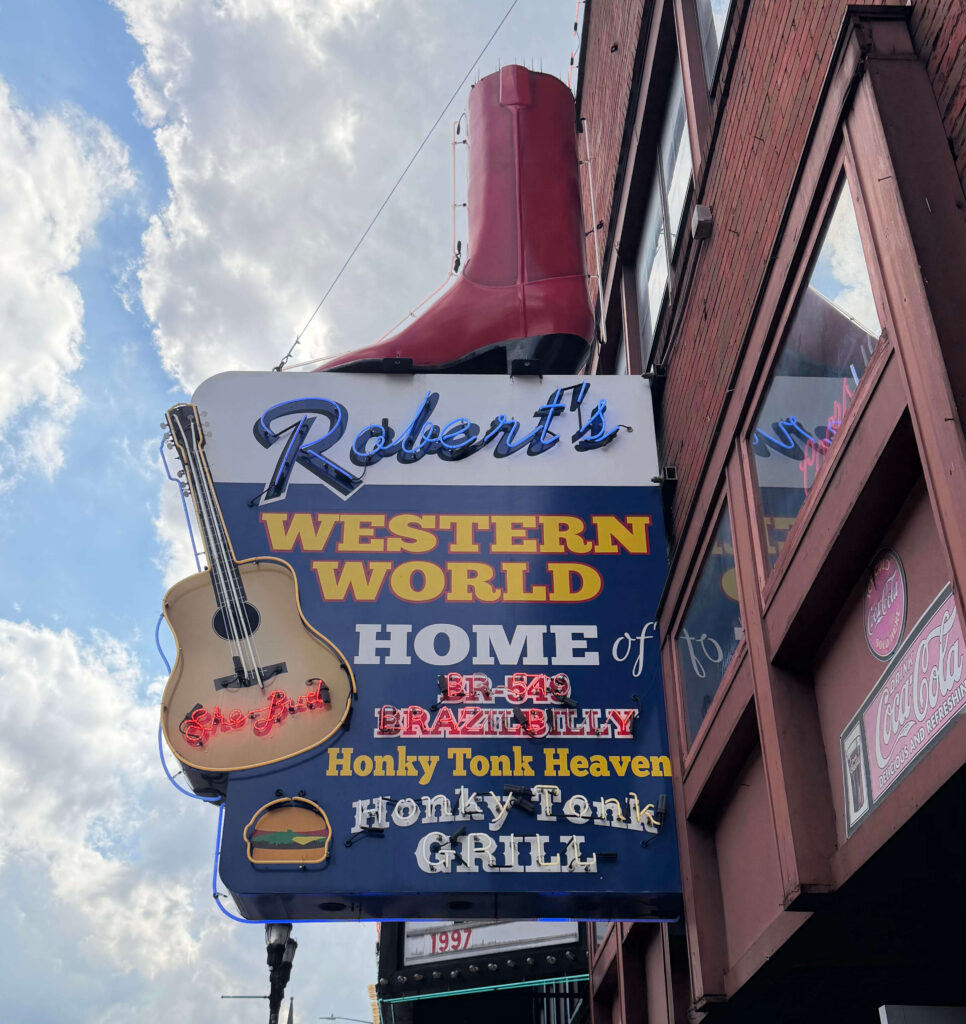 Robert's Western World neon sign with a giant red boot on Lower Broadway in Nashville