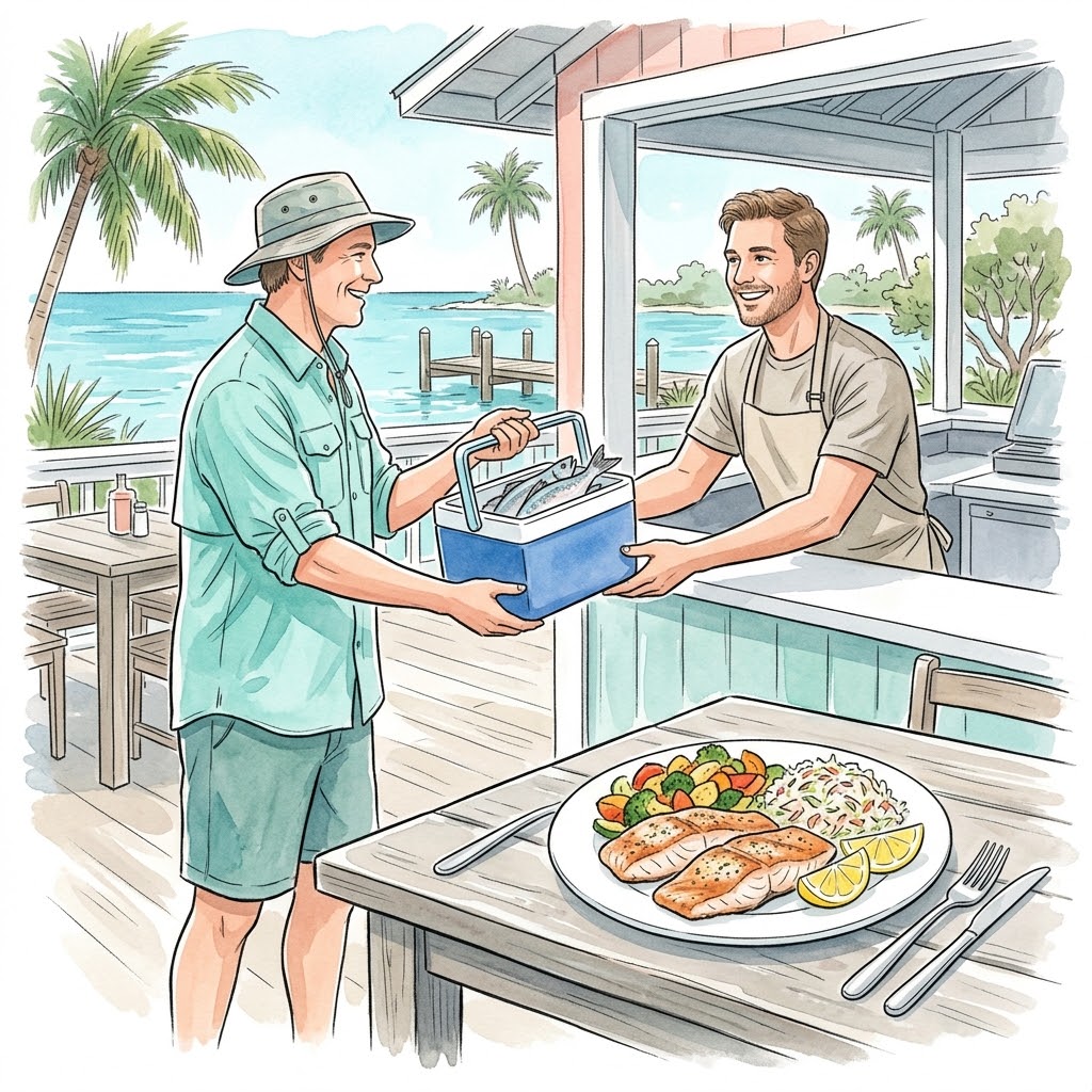Watercolor illustration of an angler in a bucket hat handing a cooler of fresh fish to a smiling cook at a waterfront restaurant on Anna Maria Island, with a plate of grilled fish and vegetables on the table and turquoise water behind them